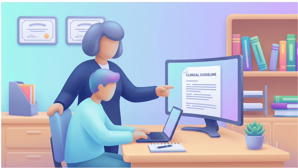 Senior pharmacist mentoring a junior pharmacist during clinical skills development in primary care.