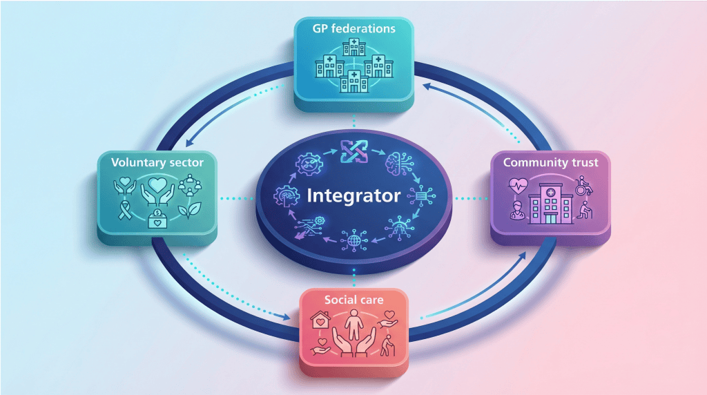 Diagram of NHS integrator model connecting GP federations with trusts and partners