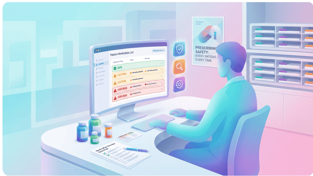 Pharmacist carrying out a structured medication review to improve prescribing safety in primary care.
