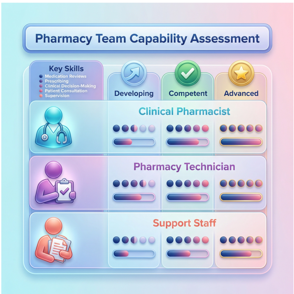 Skills matrix showing capability assessment levels for primary care pharmacy roles.