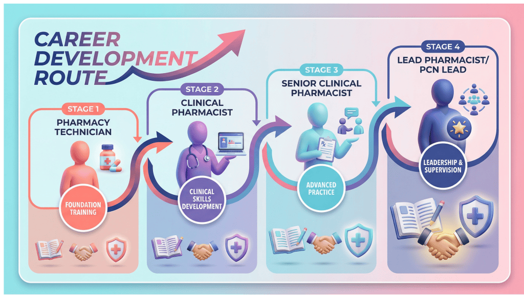 Training pathway showing progression across primary care pharmacy roles from technician to senior pharmacist.