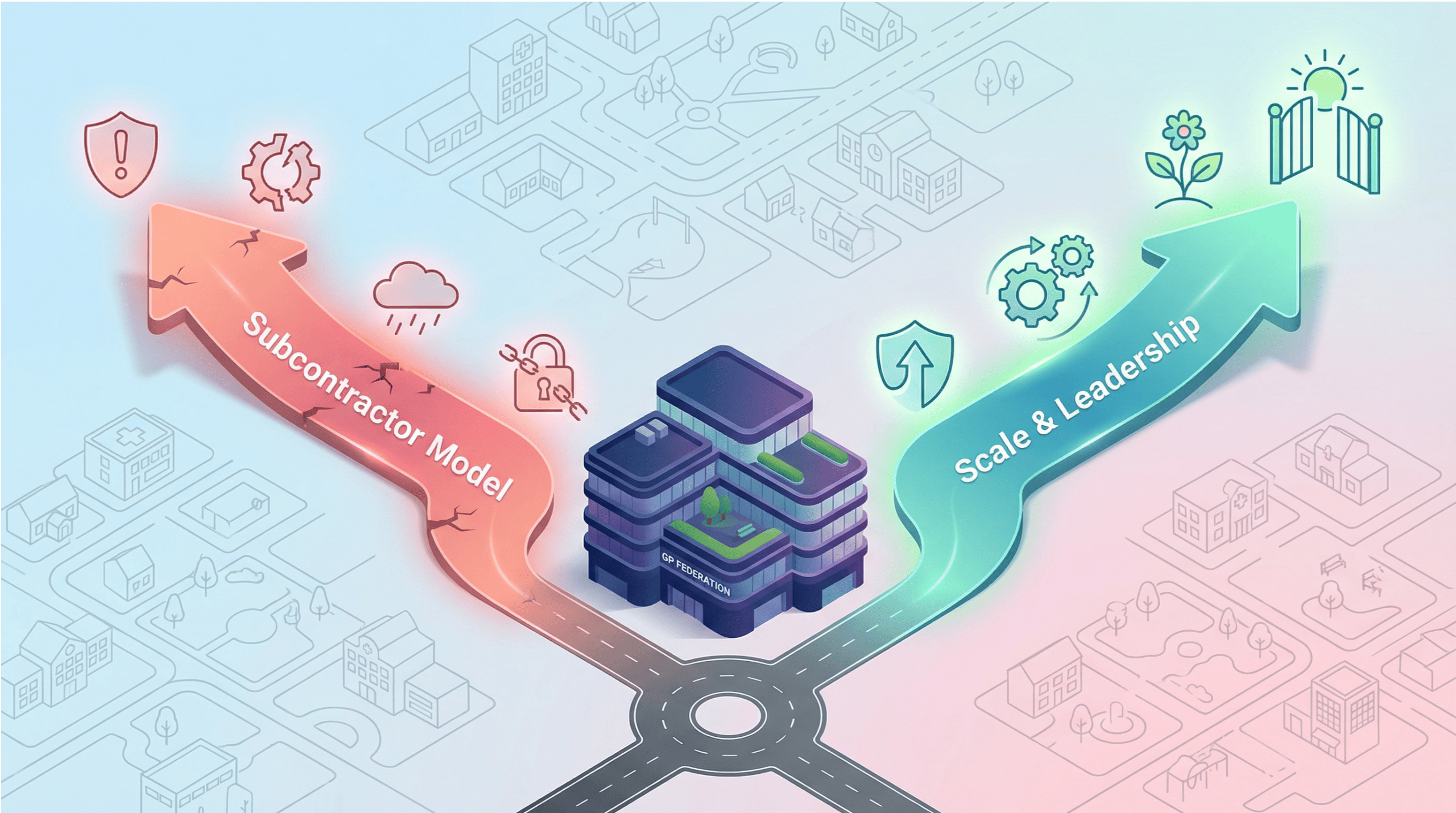Illustration showing strategic crossroads for GP federations and Integrated Neighbourhood Teams
