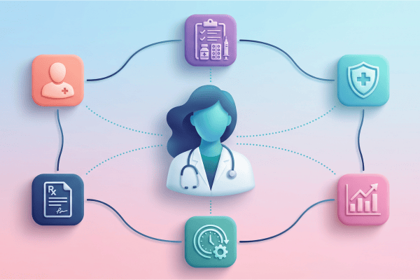A clinical pharmacist surrounded by healthcare icons representing medication, patient care, and heal.