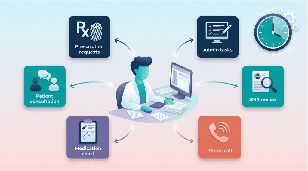 Clinical pharmacist managing multiple tasks including prescription requests and medication reviews in primary care