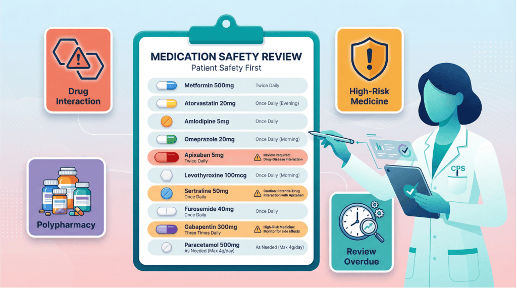 Medication list showing multiple medicines with warning icons highlighting polypharmacy and safety risks