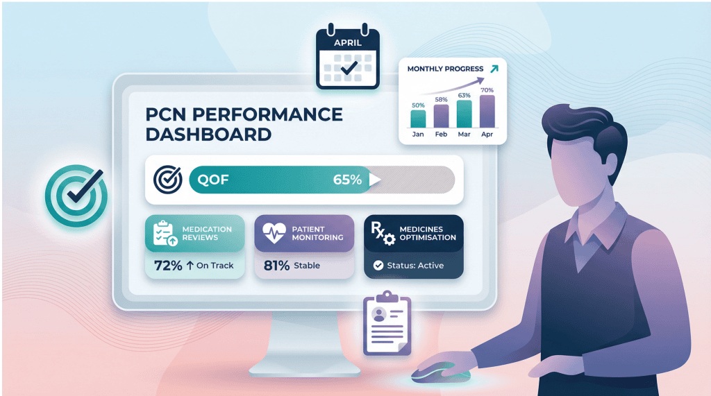 Primary care dashboard showing medication reviews contributing to QOF delivery