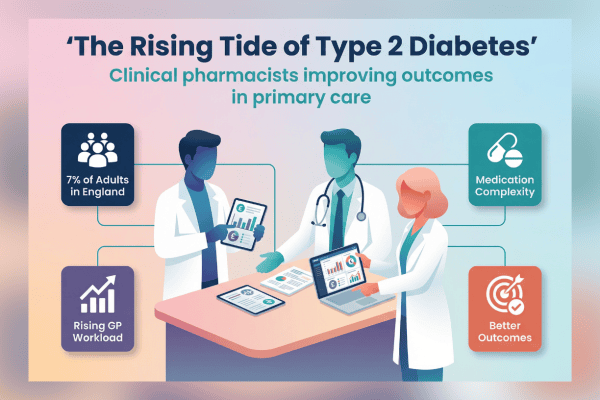 A clinical pharmacist and GP review medication data on tablets during a consultation.