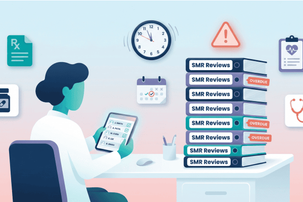 Focuses on a clinical pharmacist managing medication review backlog in a primary care setting.