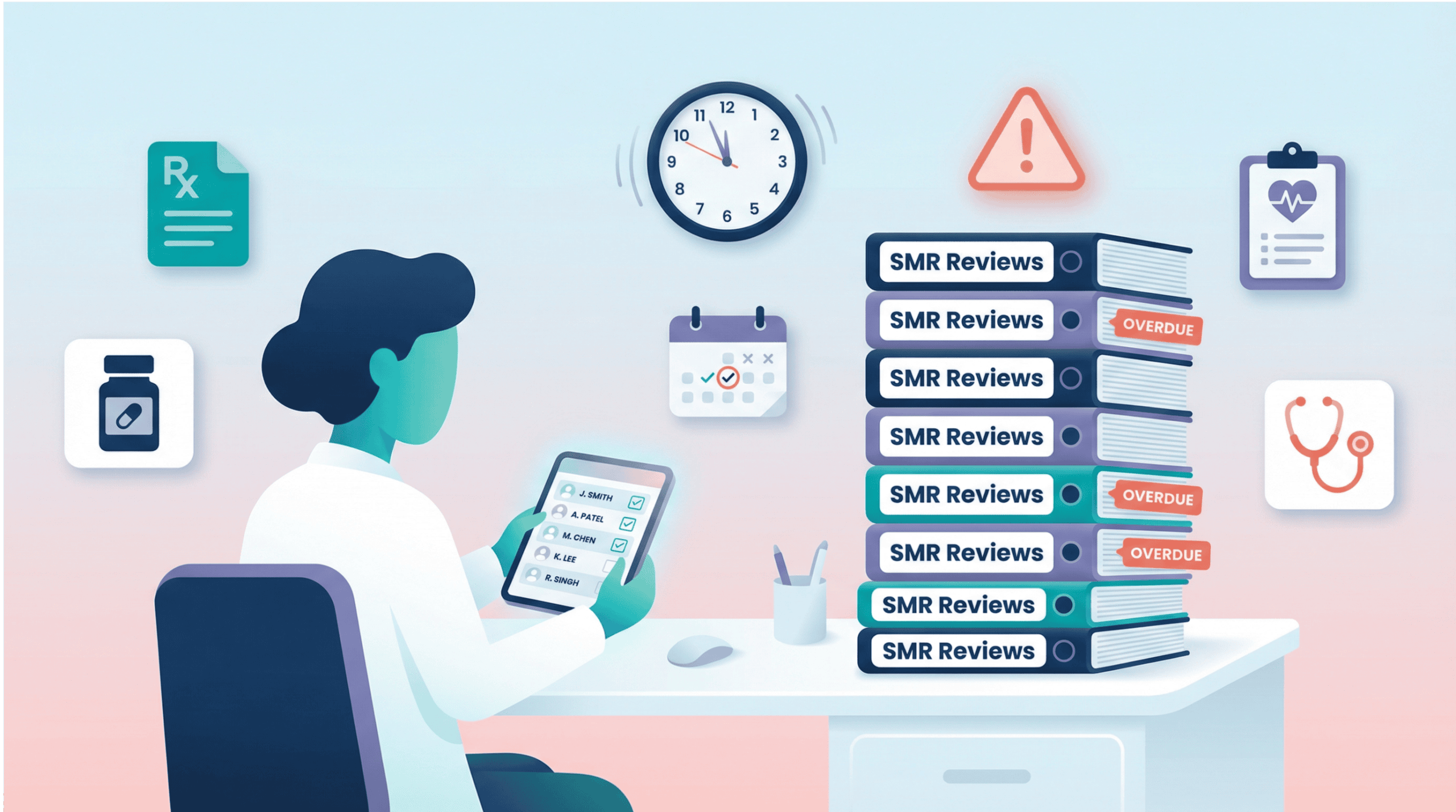 Focuses on a clinical pharmacist managing medication review backlog in a primary care setting.