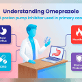 Infographic showing a clinical pharmacist holding a blister pack of omeprazole, with icons for acid reflux, GORD, heartburn, and stomach protection.