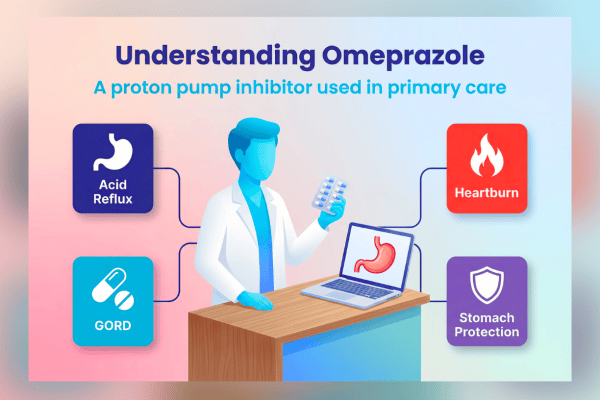 Infographic showing a clinical pharmacist holding a blister pack of omeprazole, with icons for acid reflux, GORD, heartburn, and stomach protection.