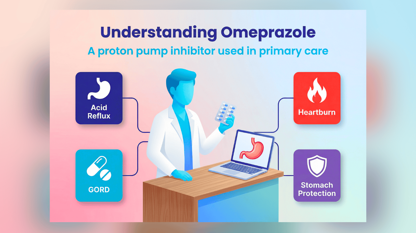 Infographic showing a clinical pharmacist holding a blister pack of omeprazole, with icons for acid reflux, GORD, heartburn, and stomach protection.