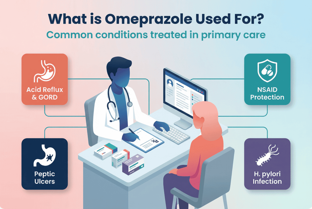 Infographic showing a GP and patient in consultation, with icons for the conditions omeprazole is used for: acid reflux, peptic ulcers, NSAID protection, and H. pylori infection.