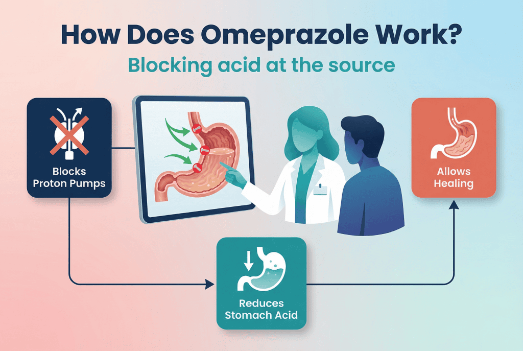 A healthcare professional explains how omeprazole blocks stomach acid production to support long-ter.