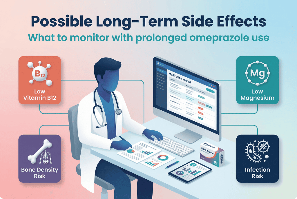 Infographic showing the possible long-term side effects of omeprazole, with icons for low vitamin B12, low magnesium, bone density risk, and infection risk.