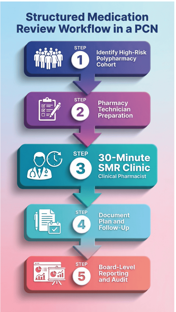 Structured medication review workflow in a PCN showing technician preparation, SMR clinic and follow-up reporting