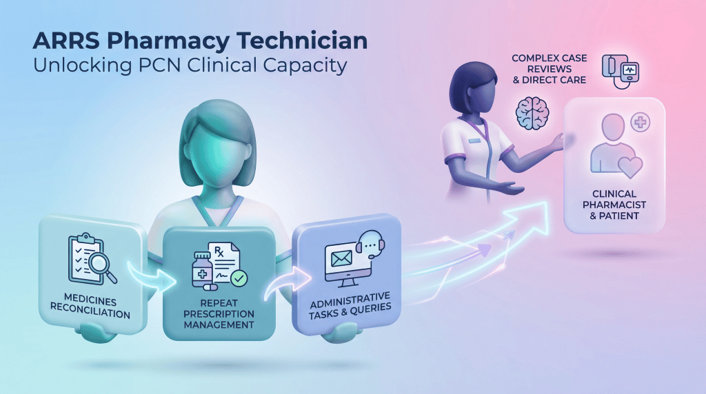 3D vector illustration showing an ARRS pharmacy technician managing administrative workflows to free up a clinical pharmacist for patient care in a PCN