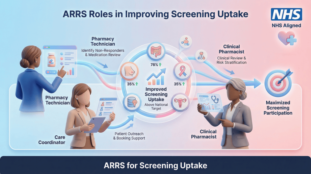 3D vector illustration of a PCN team (Pharmacy Technician, Care Coordinator, Clinical Pharmacist) collaborating with data flows, representing improved screening uptake.