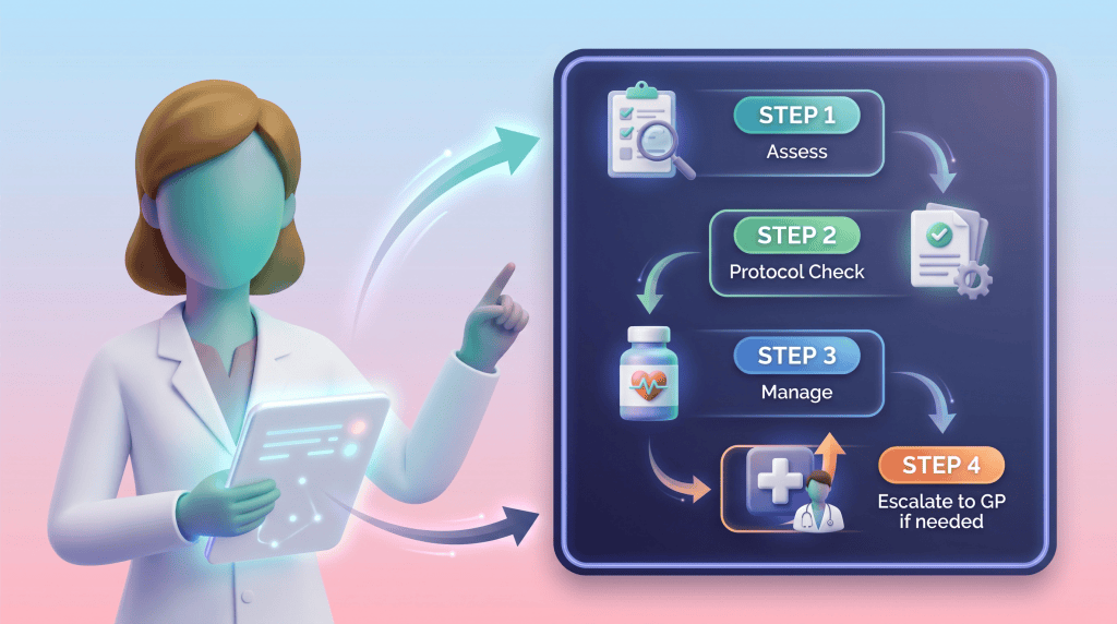 Clinical pharmacist following structured care pathway to manage long-term conditions in primary care.