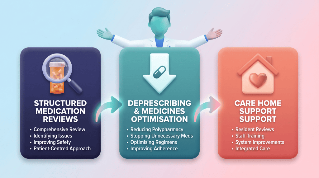 Clinical pharmacist delivering structured medication reviews and care home support under the ARRS model.