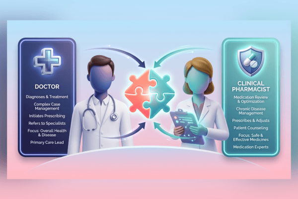 Clinical pharmacist and GP working together in primary care to support patient treatment and medicines optimisation.