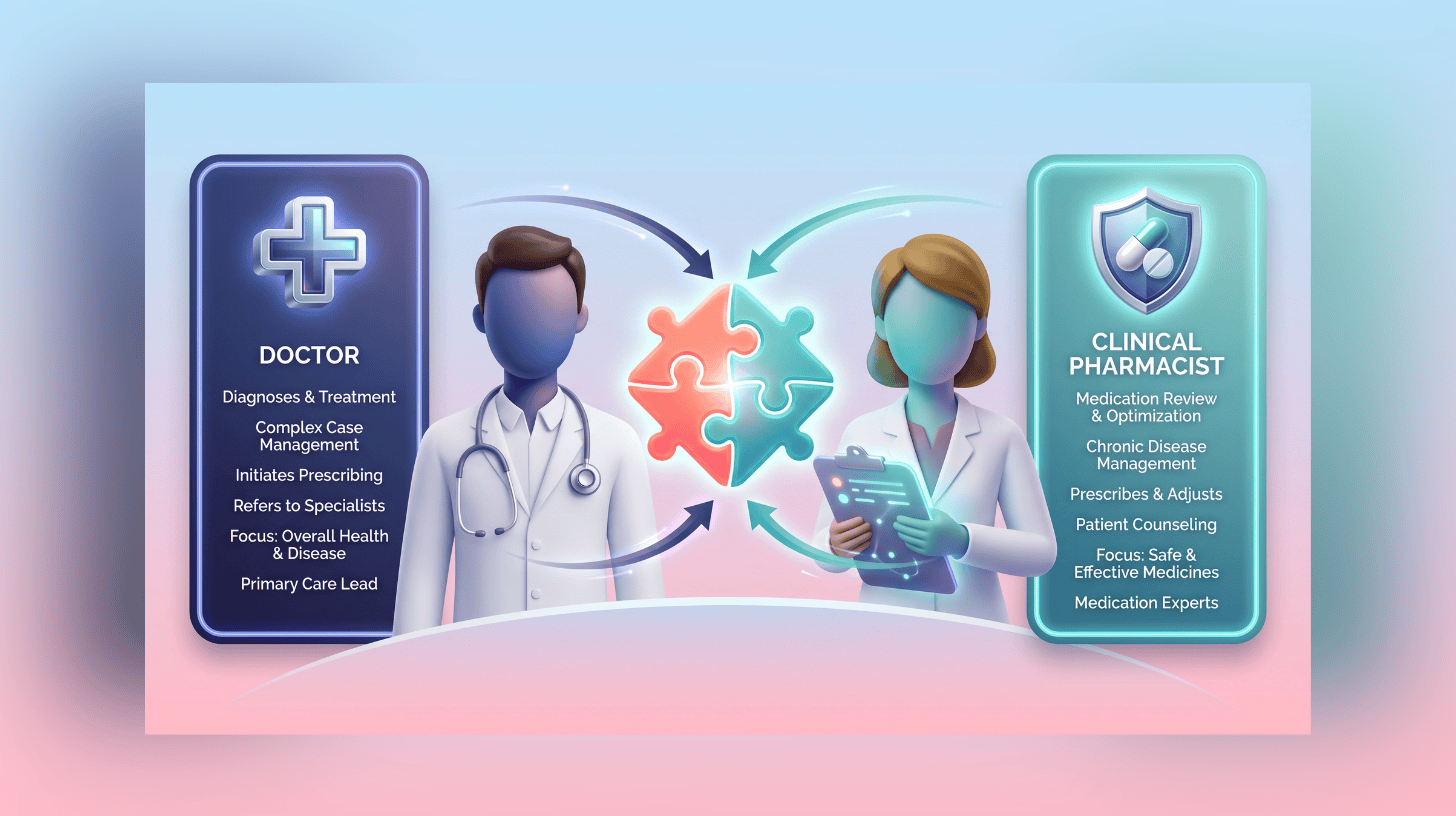 Clinical pharmacist and GP working together in primary care to support patient treatment and medicines optimisation.