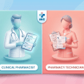 3D vector infographic showing a clinical pharmacist and pharmacy technician side by side in a split-panel card, representing their different roles in primary care