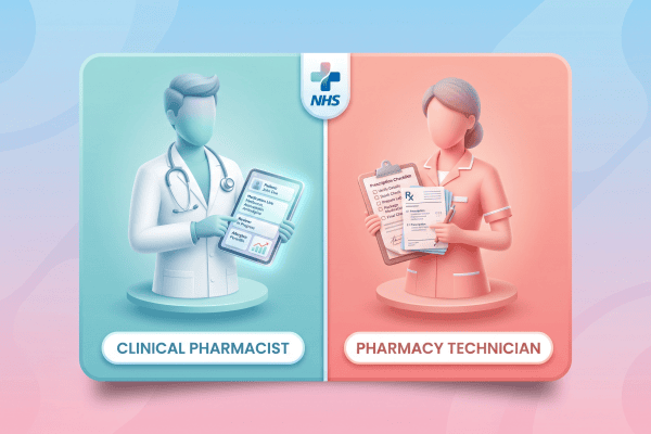 3D vector infographic showing a clinical pharmacist and pharmacy technician side by side in a split-panel card, representing their different roles in primary care