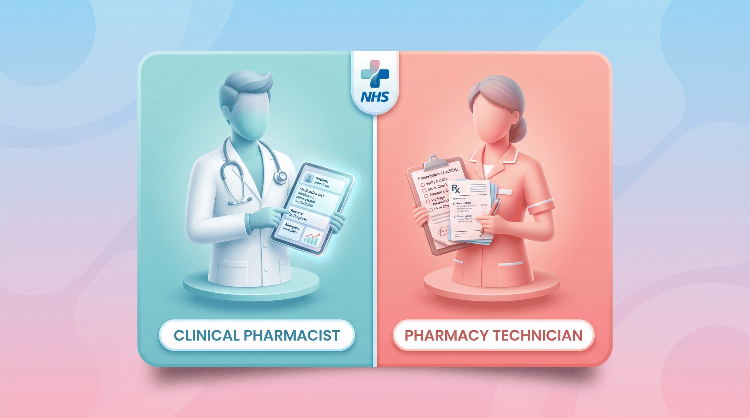 3D vector infographic showing a clinical pharmacist and pharmacy technician side by side in a split-panel card, representing their different roles in primary care