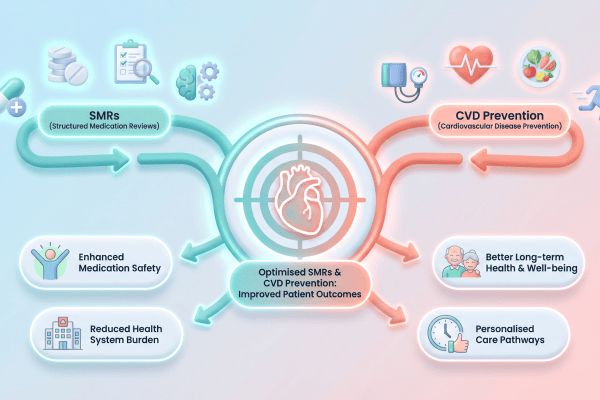 3D vector illustration showing two pathways merging into a central target shield, representing combined clinical workflows.