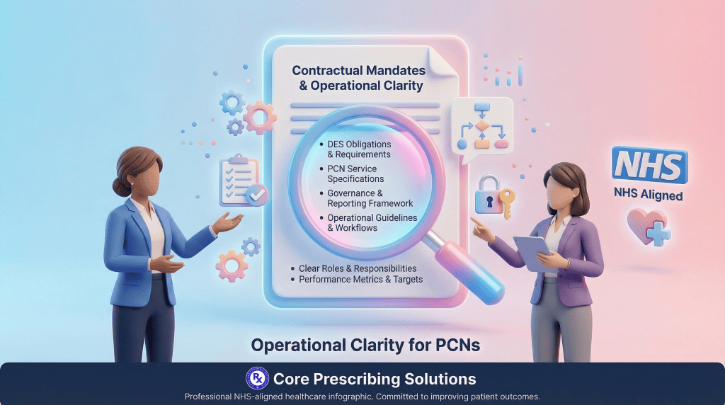 3D vector illustration of a magnifying glass over a document with bullet points, symbolising contractual mandates and operational clarity for PCNs.