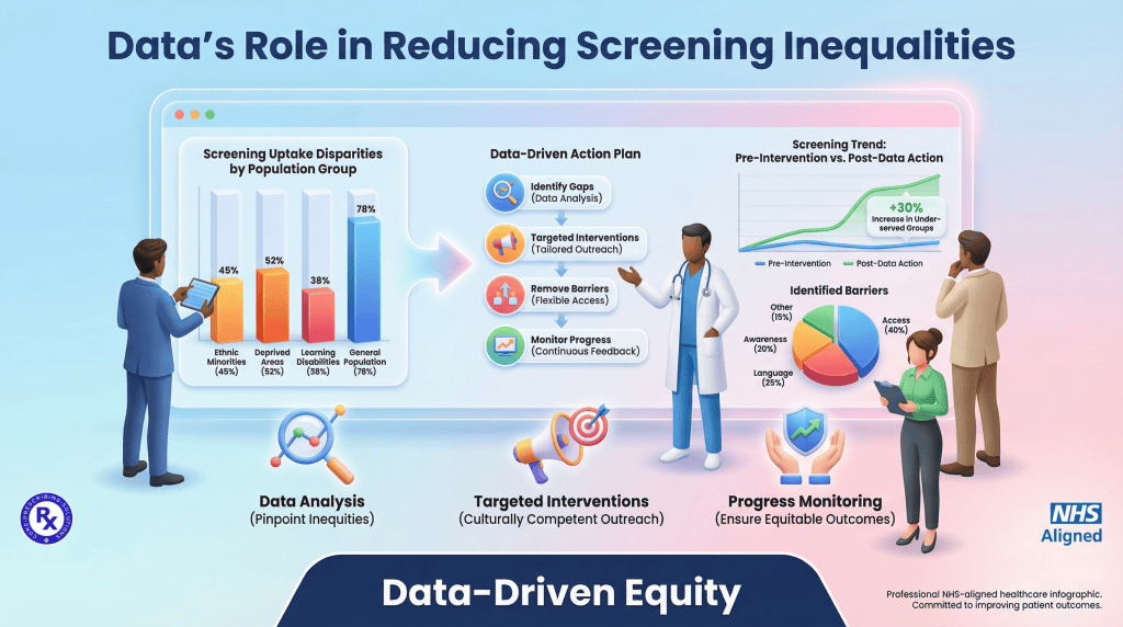 3D vector illustration of a data dashboard highlighting disparities in screening uptake, with figures representing diverse populations, focusing on reducing inequalities.
