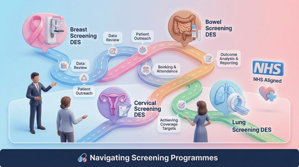 3D vector illustration of a roadmap with icons for breast, bowel, cervical, and lung screening, guiding PCNs through DES requirements.