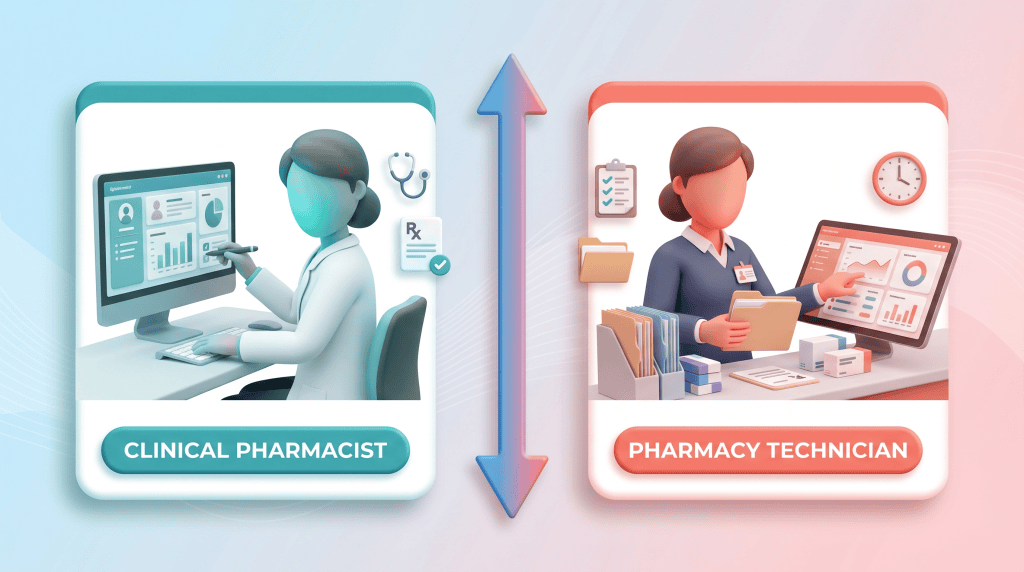 3D vector infographic comparing the clinical responsibilities of a clinical pharmacist with the operational responsibilities of a pharmacy technician in primary care