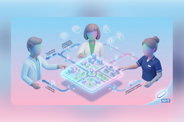 A clinical pharmacist and healthcare professional collaborate over a digital map of a primary care n.