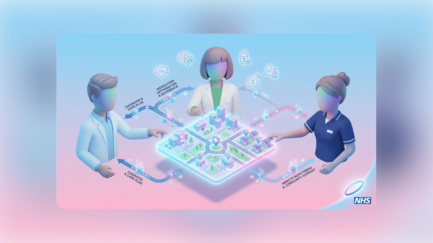 A clinical pharmacist and healthcare professional collaborate over a digital map of a primary care n.