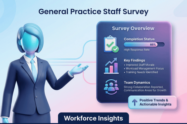 3D vector illustration of a PCN leader reviewing general practice staff survey data on a digital dashboard