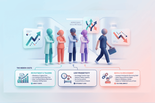 A primary care team in a clinical corridor, with one figure walking away, leaving a prominent gap. The remaining figures look towards the empty space, symbolising the immediate disruption caused by staff turnover.