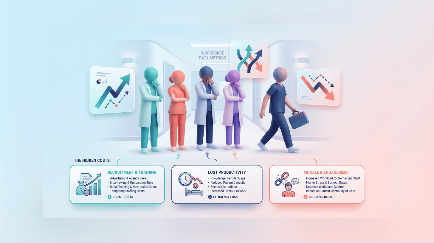 A primary care team in a clinical corridor, with one figure walking away, leaving a prominent gap. The remaining figures look towards the empty space, symbolising the immediate disruption caused by staff turnover.