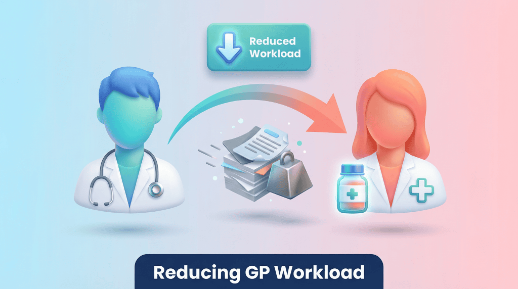 3D vector illustration showing a clinical pharmacist reducing the workload of a GP by taking on medication-related tasks