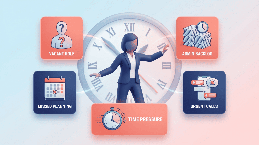 A primary care leader with outstretched arms, surrounded by floating alert cards depicting urgent tasks like vacant roles, admin backlog, and missed planning, highlighting time lost to firefighting.