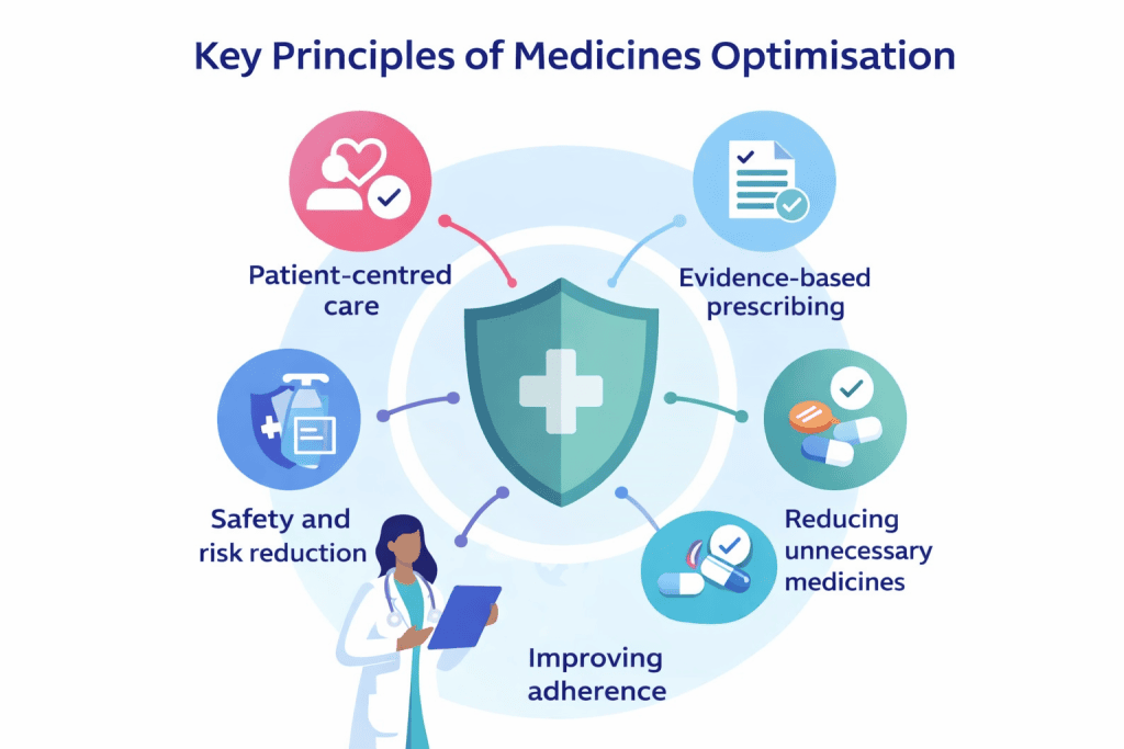 Key principles of medicines optimisation including patient-centred care, safety, and evidence-based prescribing