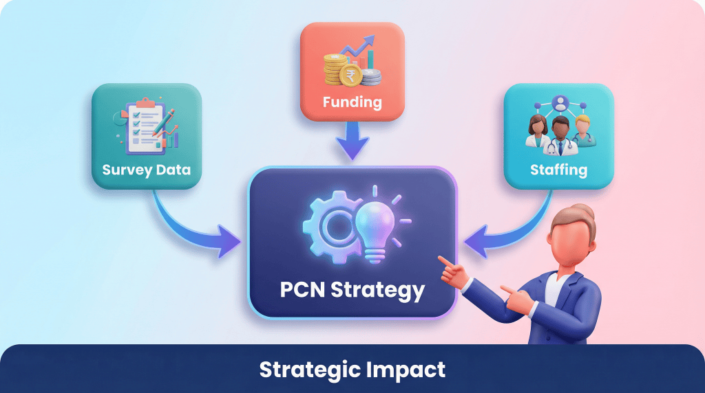 3D vector illustration showing how staff survey data drives strategic decisions and multidisciplinary team effectiveness in PCNs