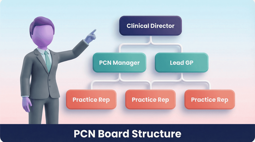 3D vector illustration of a figure pointing to a glowing organisational chart.
