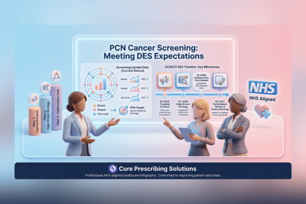 A clear image of healthcare professionals discussing a digital NHS screening infographic in a clinic.