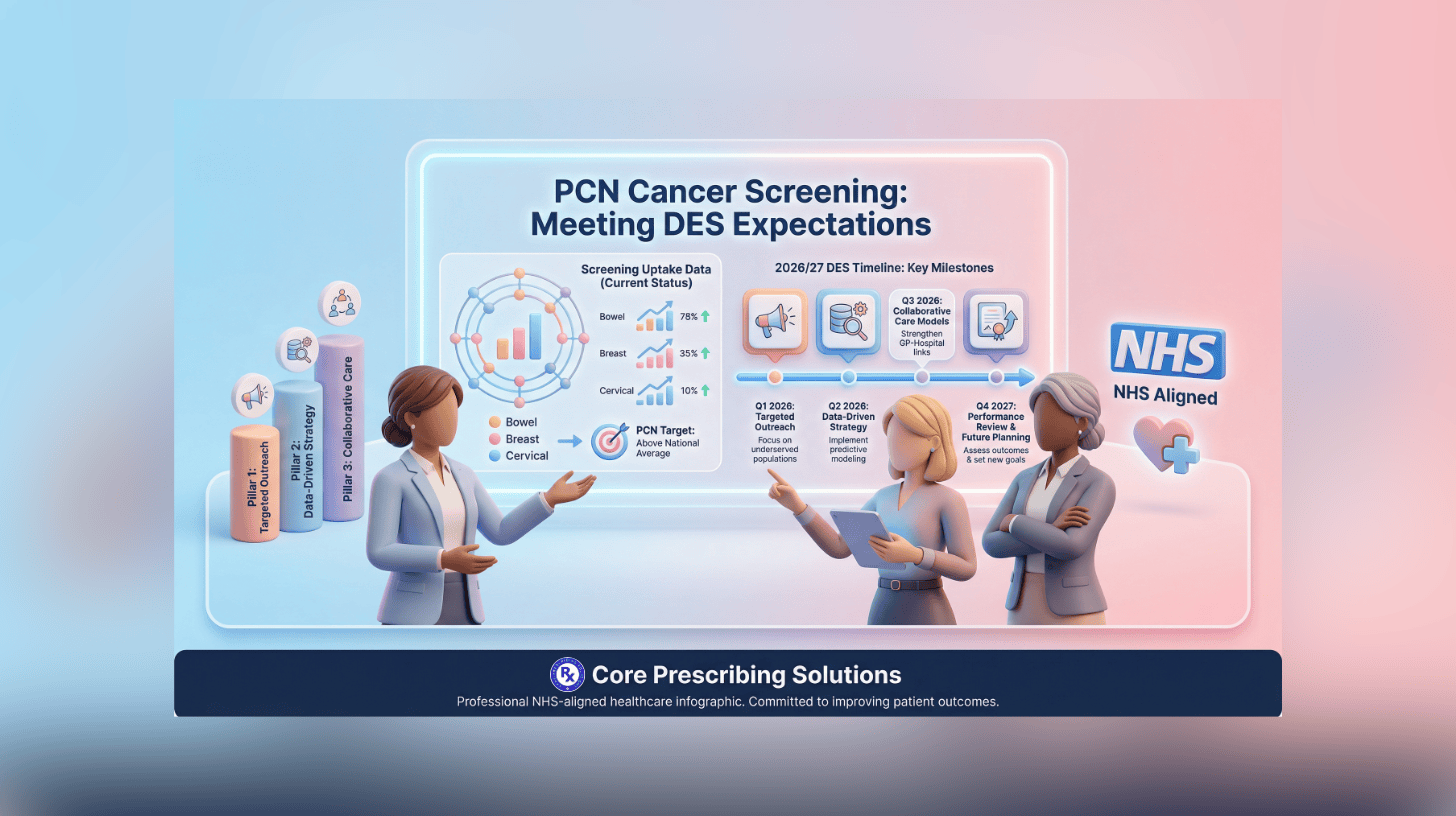 A clear image of healthcare professionals discussing a digital NHS screening infographic in a clinic.