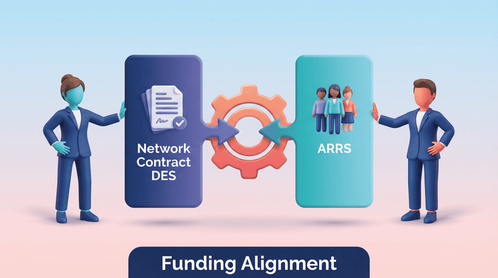 3D vector illustration of figures turning a gear next to a vault, representing funding alignment.