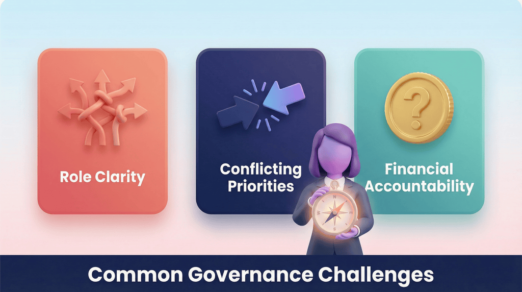 3D vector illustration of a figure at a crossroads holding a compass, representing navigating challenges.