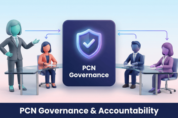 3D vector illustration of a PCN board meeting around a glowing shield representing governance.