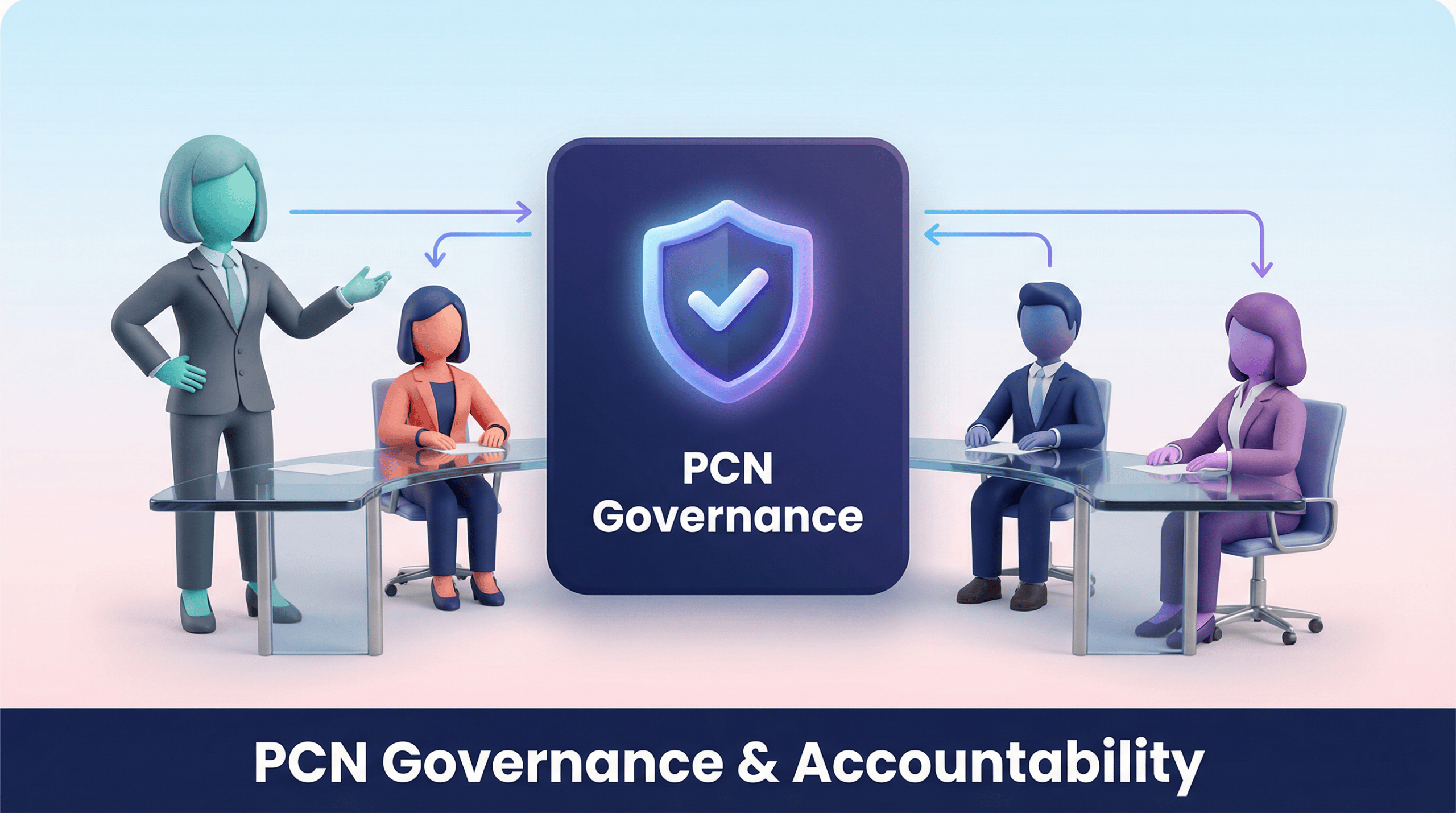 3D vector illustration of a PCN board meeting around a glowing shield representing governance.